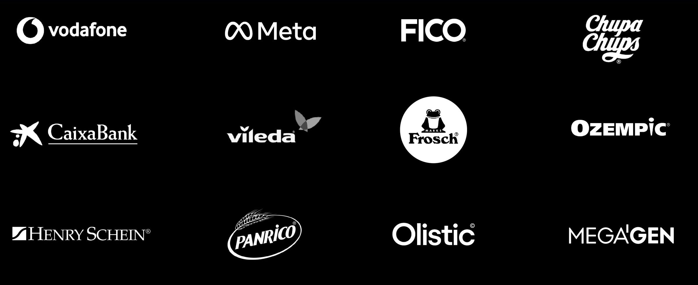 Vodafone, Meta, FICO, Chupa Chups, CaixaBank, Vileda, Frosch, Ozempic, Henry Schein, Panrico, Olistic and MegaGen